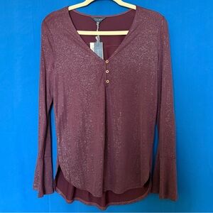 Lucky Brand Glitter Knit Henley V-Neck Top Burgundy Plum Size S/P NWT